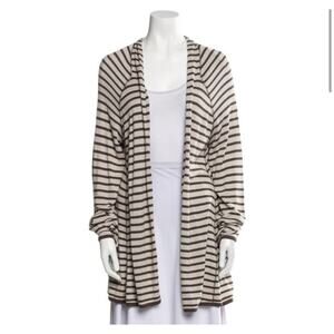 ST JOHN Brown-Gray Cream Striped Open Front Pocket Cardigan Size Large